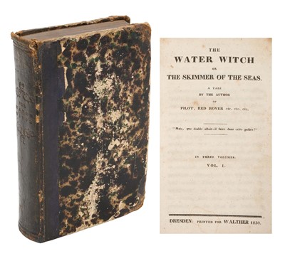 Lot 754 - James Fenimore Cooper - The Water Witch or the Skimmer of the Seas, very rare first edition published Dresden 1830, three volumes bound in one, marbled board ends with tooled spine, 17 x 11cm