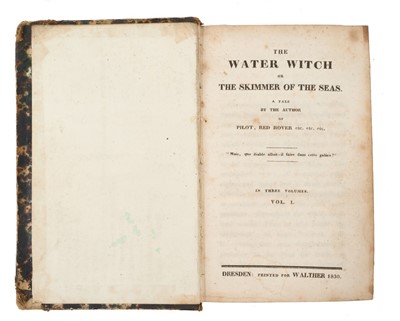 Lot 754 - James Fenimore Cooper - The Water Witch or the Skimmer of the Seas, very rare first edition published Dresden 1830, three volumes bound in one, marbled board ends with tooled spine, 17 x 11cm