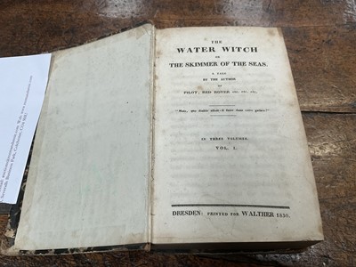 Lot 754 - James Fenimore Cooper - The Water Witch or the Skimmer of the Seas, very rare first edition published Dresden 1830, three volumes bound in one, marbled board ends with tooled spine, 17 x 11cm
