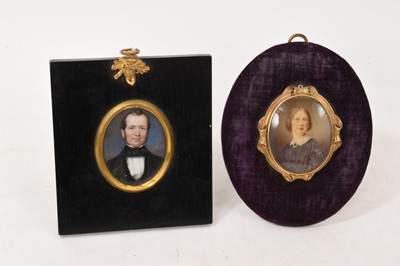 Lot 778 - Mid 19th century portrait miniature on ivory, of a gentleman, inscribed to rear - 'Mrs Jus. Fairfield Pt September 1853', 5.5 x 4.5cm in papier mâché frame, together with a Victorian miniature p...