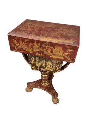 Lot 1383 - Early 19th chinoiserie red lacquer work table, allover decorated with figures and pagodas, with fitted interior housing lidded compartments and extensive ivory and other needlework accessories,...