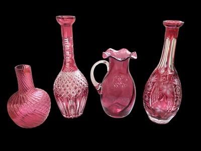 Lot 1172 - Group of antique and later glassware, including Mary Gregory style enamelled cranberry glass, decanters, etc