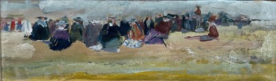 Lot 1127 - *Jonathan Trowell (1938-2013) oil on paper - Figures on the beach, studio stamp to mount verso, 9cm x 29.5cm, with mount, unframed