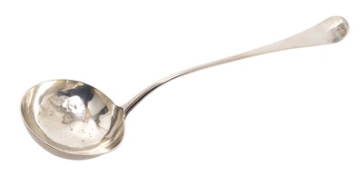 Lot 275 - George II silver Hanoverian pattern soup ladle, engraved F/R.A on the heel (London 1758)