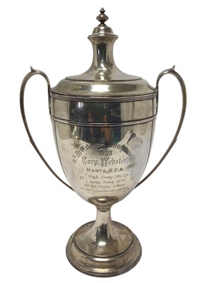 Lot 280 - Large Victorian silver two handled trophy cup, with engraved inscription and slip in cover