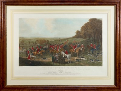 Lot 966 - Henry Calvert (1798-1869) hand coloured etching and aquatint - The Meet of the Vine Hounds, published 1844, 52cm x 78cm, in glazed frame