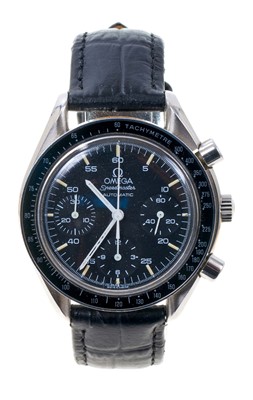 Lot 548 - Gentlemen's Omega Speedmaster Automatic chronograph wristwatch, the black dial with subsidiary dials recording the seconds, minute and hours, tachymeter, stainless steel 40mm case with black enam...