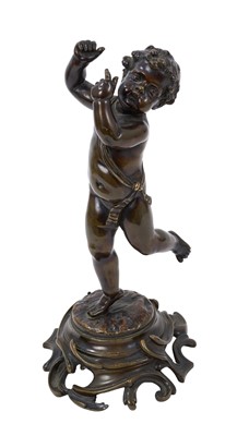 Lot 782 - 19th century bronze sculpture of a dancing putti, on a rococo scroll base, 25cm.