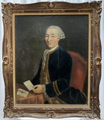 Lot 1027 - Antique oil on canvas painted in the 18th century style - Portrait of a Nobleman Seated at a Desk, 80cm x 65cm, in gilt frame
