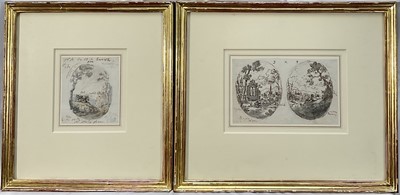 Lot 1078 - William Marlow (1740-1813) pen, ink and watercolours on paper - Landscape vignettes, inscribed, 10cm x 8.5cm and 10cm x 15.5cm, in glazed gilt frames