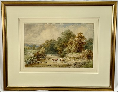 Lot 1079 - Samuel Henry Baker (1824-1909) watercolour - cattle watering, signed, in glazed gilt frame, 26cm x 40cm Provenance: John Spink, London