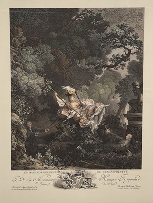 Lot 188 - After Jean-Honore Fragonard, antique hand coloured engraving - The Swing, in glazed gilt frame