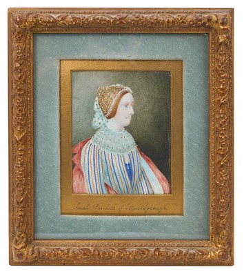 Lot 779 - English School, mid 19th century portrait on ivory, depicting a lady, titled as Sarah, Duchess of Marlborough, 12 x 10cm, in glazed gilt frame