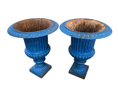 Lot Pair of Victorian cast iron campana urns, of large proportions, blue painted, 56cm diameter x 71cm high