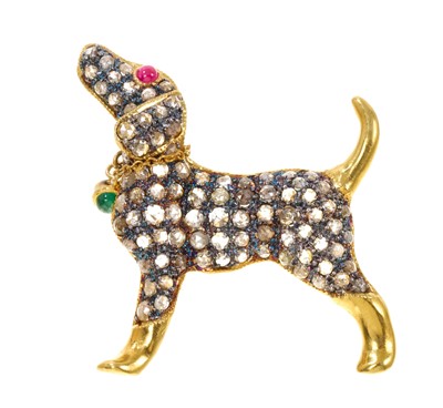 Lot Diamond and gem-set dog brooch, pavé set throughout with rose cut diamonds, with ruby set eye and...
