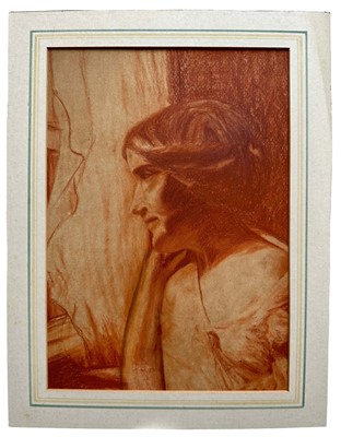 Lot 1139 - Early 20th century conte crayon sketch, possibly Bloomsbury School, thought to be a portrait of Virgina Woolf, 30.5cm x 21.5cm, in glazed frame