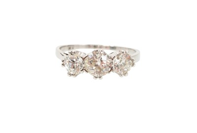 Lot 502 - Diamond three stone ring with three old cut diamonds in claw setting on platinum shank, estimated total diamond weight approximately 1.5cts, ring size P.