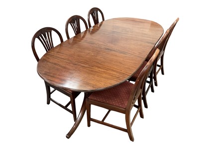 Lot 1466 - George III mahogany triple pedestal dining table and en-suite set of six Hepplewhite style mahogany dining chairs