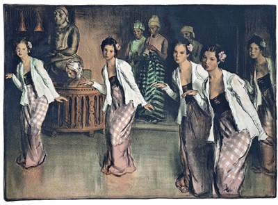 Lot 1148 - *Gerald Spencer Pryse (1882-1956) coloured lithograph, Scenes of Empire - Burmese Temple Dancers, pencil signed below and plate signed, image 89 x 125cm. NB - Produced for the 1924 Brit...