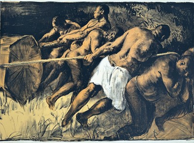 Lot 1149 - *Gerald Spencer Pryse (1882-1956) coloured lithograph, Scenes of Empire, 1924 - Nigerian timber haulers, pencil signed below, image 89cm x 125cm.