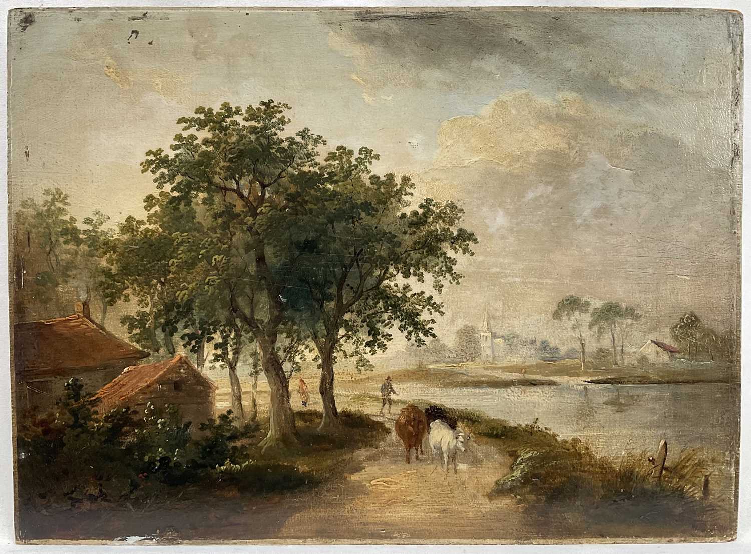 Lot 78 - Norwich School, oil on panel, Farmer driving cattle by a riverside, indistinctly signed