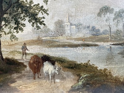 Lot 78 - Norwich School, oil on panel, Farmer driving cattle by a riverside, indistinctly signed