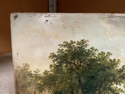 Lot 78 - Norwich School, oil on panel, Farmer driving cattle by a riverside, indistinctly signed