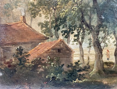 Lot 78 - Norwich School, oil on panel, Farmer driving cattle by a riverside, indistinctly signed