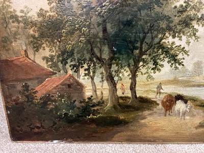 Lot 78 - Norwich School, oil on panel, Farmer driving cattle by a riverside, indistinctly signed