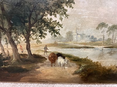 Lot 78 - Norwich School, oil on panel, Farmer driving cattle by a riverside, indistinctly signed