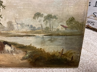 Lot 78 - Norwich School, oil on panel, Farmer driving cattle by a riverside, indistinctly signed