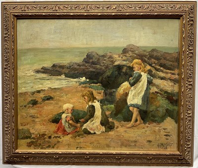 Lot 80 - H. Taggart oil on canvas laid on board, Children on a rocky beach, signed