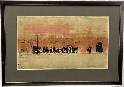 Lot 204 - Alistair Grant (1925-1997) signed lithograph, figures at a bus stop, dated ‘52, 28cm x 48cm, glazed frame