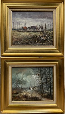 Lot 224 - Michel Girard (b. 1939) oil on canvas, pair, houses in landscapes