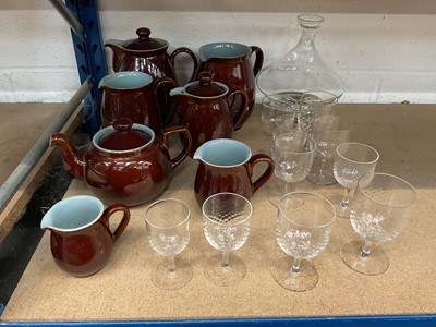 Lot 62 - Group of Denby ceramics to include teapot and hot water pot, glasses and decanter.
