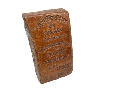 Lot 681 - Interesting wooden fragment with carved inscription, 'Souvenir of enemy aeroplane fell in village of Surdah Palestine Feb 19.2.19', the reverse side with carved Herefordshire Regiment badge, 8.7...