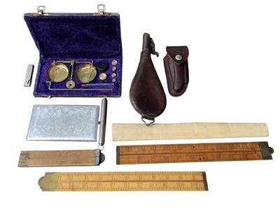 Lot 2478 - Miscellaneous items including WWI prisoner of war trench art cigarette case, powder flask, folding rulers, unusual records which play from the inside out and sundries