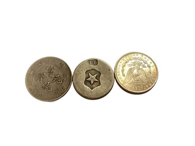 Lot 406 - World - Mixed silver coins to include China Hu-Peh Province Dollar circa 1909-11 AVF, US Dollar 1885o A. UNC & Russia local issue coin counter marked with five sided star within shield &...
