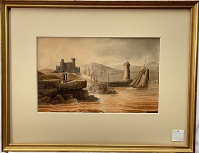Lot 104 - Attributed to Francis Nicholson (1753-1844) watercolour, figures in a fortified harbour, 25cm x 41cm, glazed frame, together with a watercolour of a goatherd overlooking an ancient continental...