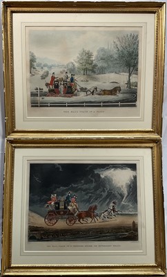 Lot 33 - After James Pollard, two prints in colours -The Mail Coach in a Thunderstorm on Newmarket Heath, by G. Reeves, and The Mail Coach in a Flood, by F. Rosenbourg, both pub. John Watson, London, 182...