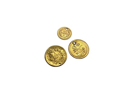 Lot 409 - World - Three small gold coins, all pierced to include Egypt 10 Qirsh circa 1835, Chile 1 Peso 1861 & Guatemala 4 Reales (N.B. Mixed grades, AGW, Est. Wt. to be .0915oz)