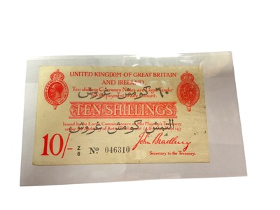Lot 412 - G.B. - Second Bradbury issue red Ten Shilling banknote, Dardanelles overprint (May 1915) prefix Z6 GVF & Rare (1 banknote)
