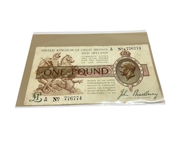 Lot 418 - G.B. - Third Bradbury issue green, brown & purple One Pound banknotes (Jan. 1917), to include prefix A74 (N.B. Some light staining & creases) otherwise F-GF & prefix D66 GF-AVF (2 ba...