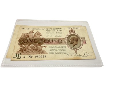 Lot 420 - G.B. - First Fisher green, brown & purple One Pound banknotes (Sept. 1919) prefixes L7 & L18 (N.B. Some light creasing & stains) otherwise AF-F (2 banknotes)