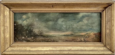 Lot 66 - 19th century oil on tin - landscape with figures horses and a camp, 18cm x 48cm, gilt frame