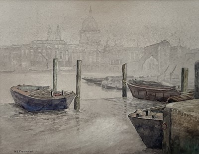 Lot 67 - H E Fransman watercolour, St Paul's Cathedral from the Thames, 29cm x 37cm, inscribed to label verso, glazed frame