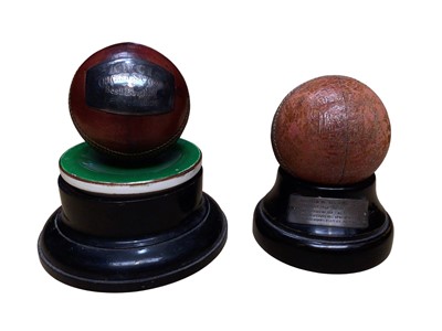Lot 2434 - Two presentation cricket balls, with engraved silver presentation inscriptions “KWCI Cricket Section, Best Bowling Performance”, and “Presented To Rex Bullock By J.H. Hetterley (Old Timers C.C.)...