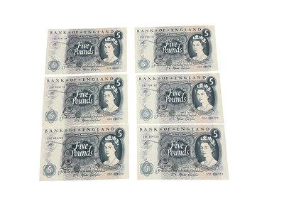 Lot 430 - G.B. - Bank of England Fforde Series 'C' portrait issue blue Five Pound notes (Jan. 1967) prefix 23C x 6 notes A. UNC (N.B. Consecutively numbered) (6 banknotes)