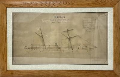 Lot 822 - John Elder & Co, Shipbuilders and Engineer, Glasgow. An original 19th century sail and rigging plan in ink and watercolour wash, No. 220-21, scale 1/8 inch to the foot, with a hand-written s...
