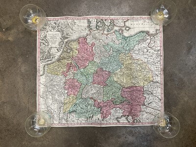 Lot 168 - 18th century map “Postarum seu Cursorum Publicorum… Germanium”, c.1720, by Matthaeus Seutter, Augsburg, 1678-1756. The copperplate map showing postal routes throughout Germany and it’s regions w...